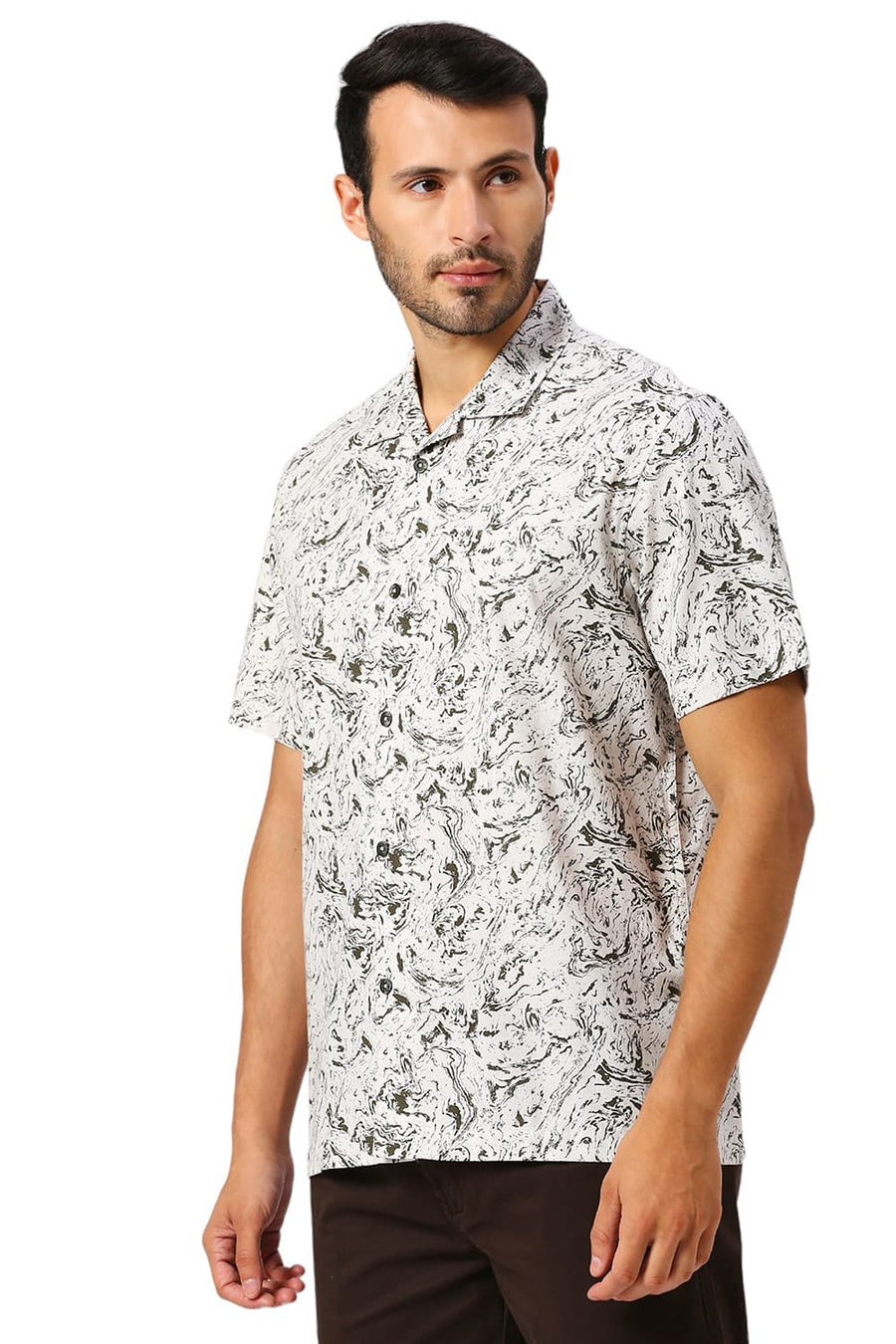 BASICS RELAXED FIT FEATHER BEIGE COTTON CREPE PRINTED HALFSLEEVES SHIRT