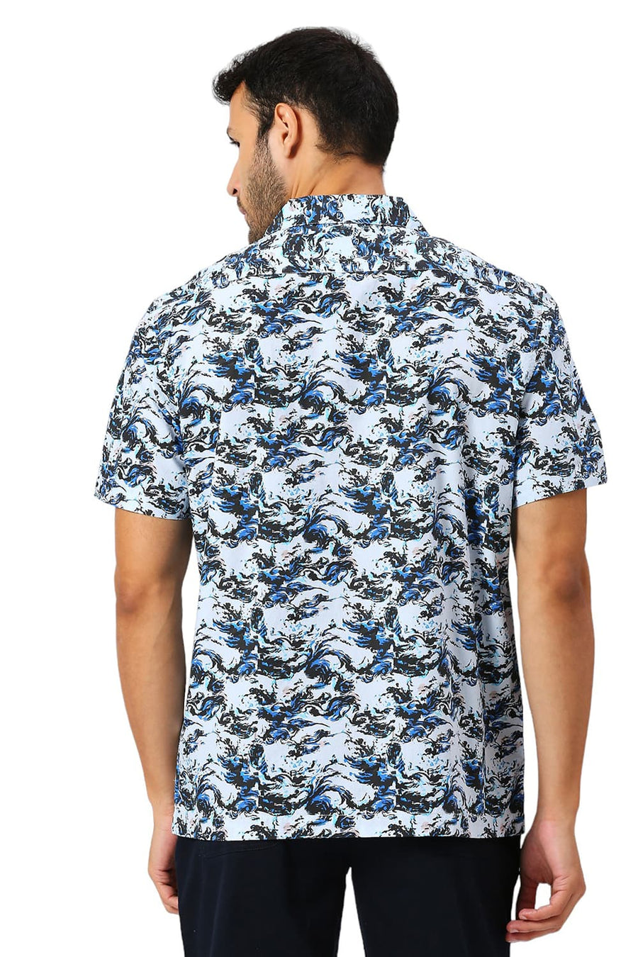 BASICS RELAXED FIT ICE BLUE COTTON DIGITAL PRINTED HALFSLEEVES SHIRT