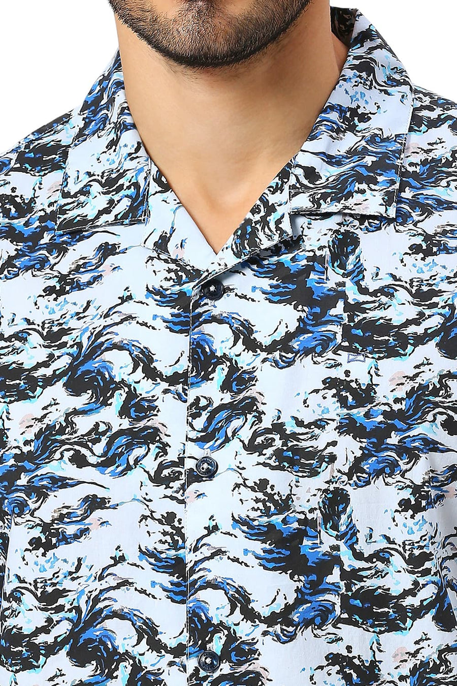 BASICS RELAXED FIT ICE BLUE COTTON DIGITAL PRINTED HALFSLEEVES SHIRT