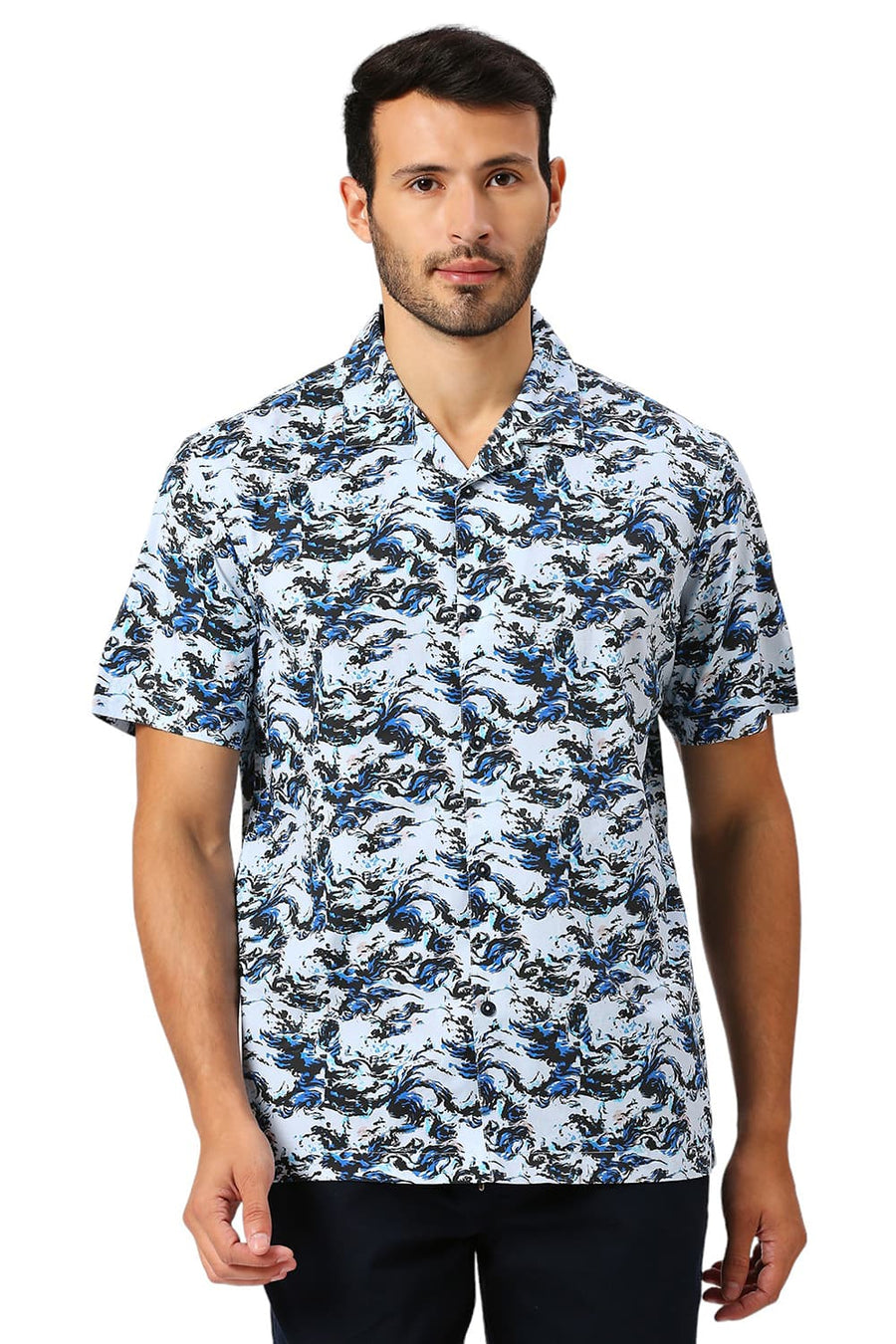 BASICS RELAXED FIT ICE BLUE COTTON DIGITAL PRINTED HALFSLEEVES SHIRT