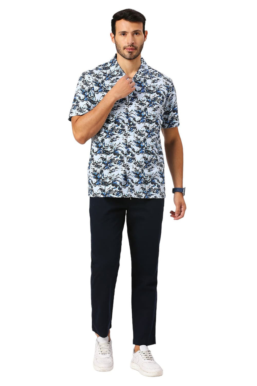BASICS RELAXED FIT ICE BLUE COTTON DIGITAL PRINTED HALFSLEEVES SHIRT