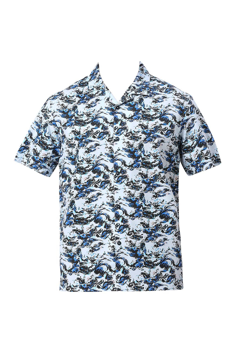 BASICS RELAXED FIT ICE BLUE COTTON DIGITAL PRINTED HALFSLEEVES SHIRT