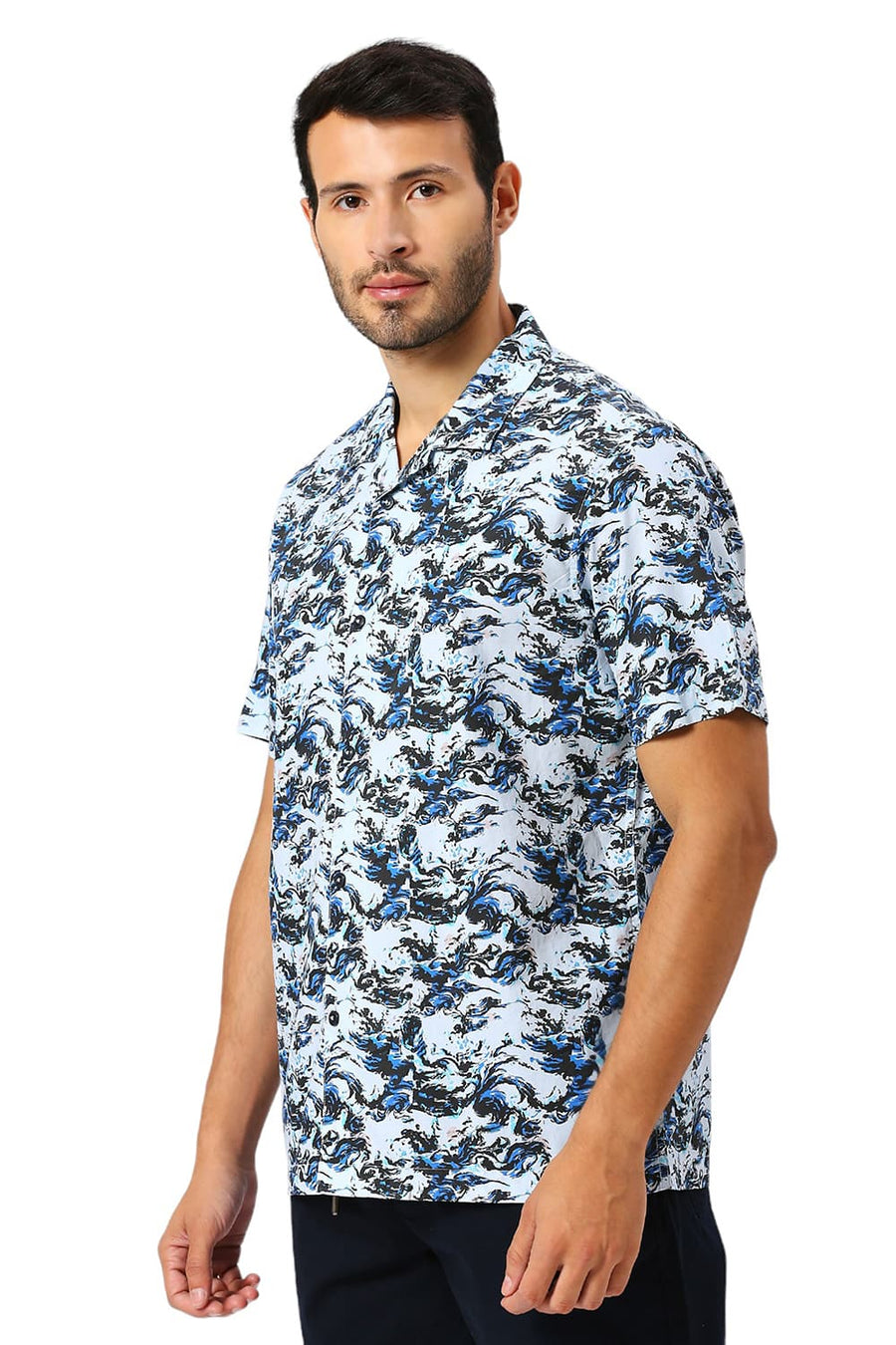 BASICS RELAXED FIT ICE BLUE COTTON DIGITAL PRINTED HALFSLEEVES SHIRT