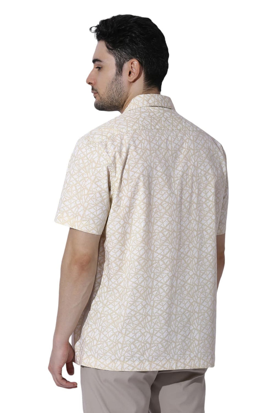 BASICS RELAXED FIT WOOD YELLOW COTTON PRINTED HALFSLEEVES SHIRT