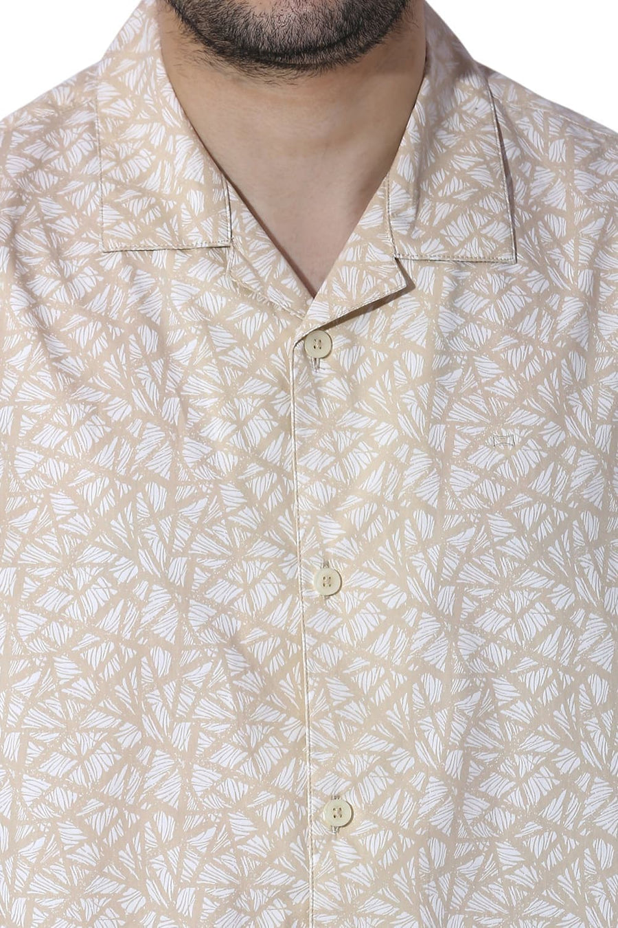 BASICS RELAXED FIT WOOD YELLOW COTTON PRINTED HALFSLEEVES SHIRT