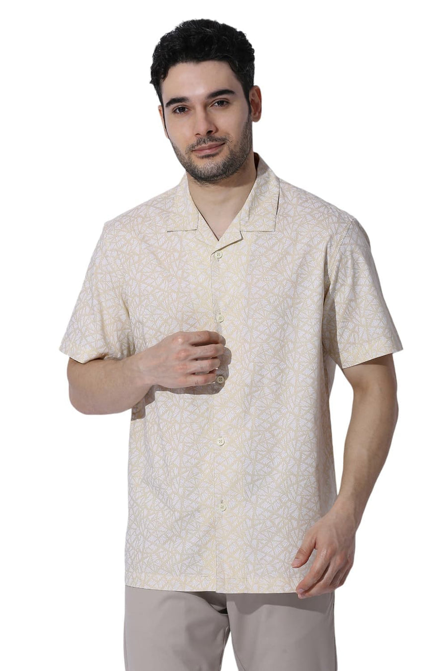 BASICS RELAXED FIT WOOD YELLOW COTTON PRINTED HALFSLEEVES SHIRT