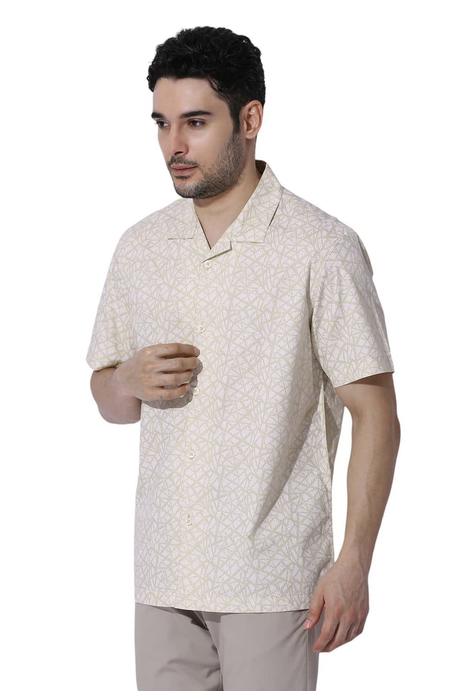 BASICS RELAXED FIT WOOD YELLOW COTTON PRINTED HALFSLEEVES SHIRT