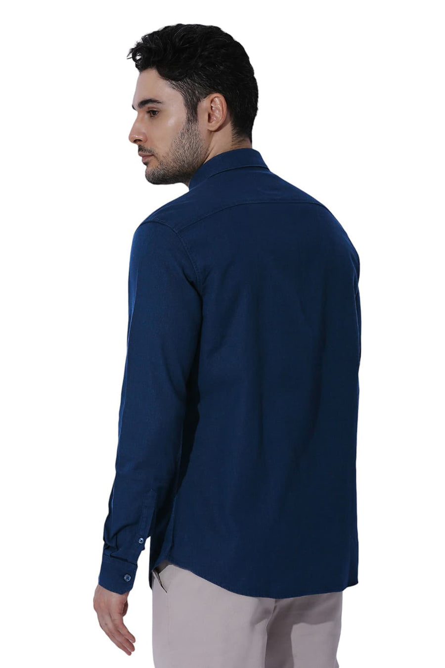 BASICS RELAXED FIT MOONLIT NAVY COTTON HOPSACK SLUB DOBBY SHIRT
