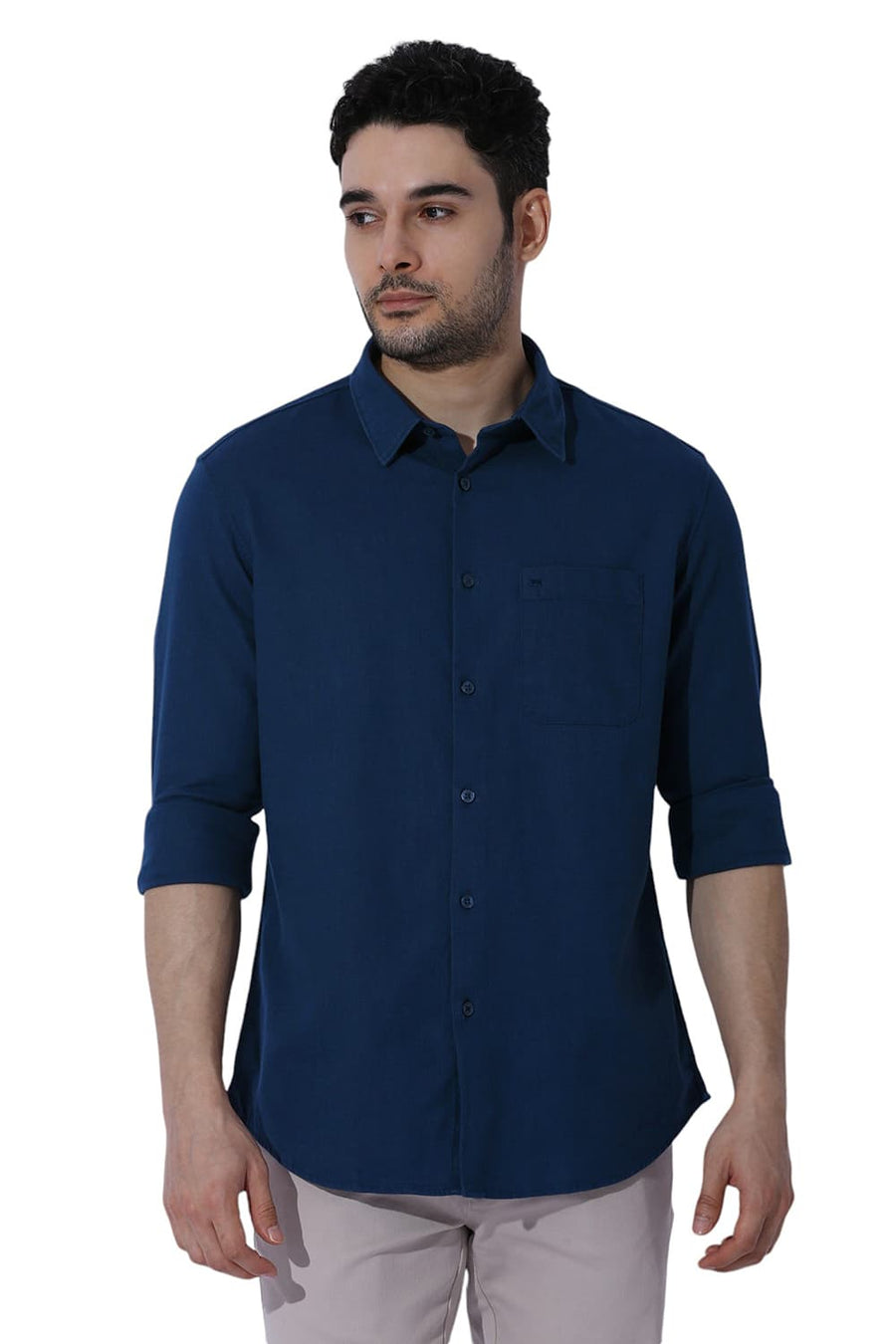 BASICS RELAXED FIT MOONLIT NAVY COTTON HOPSACK SLUB DOBBY SHIRT
