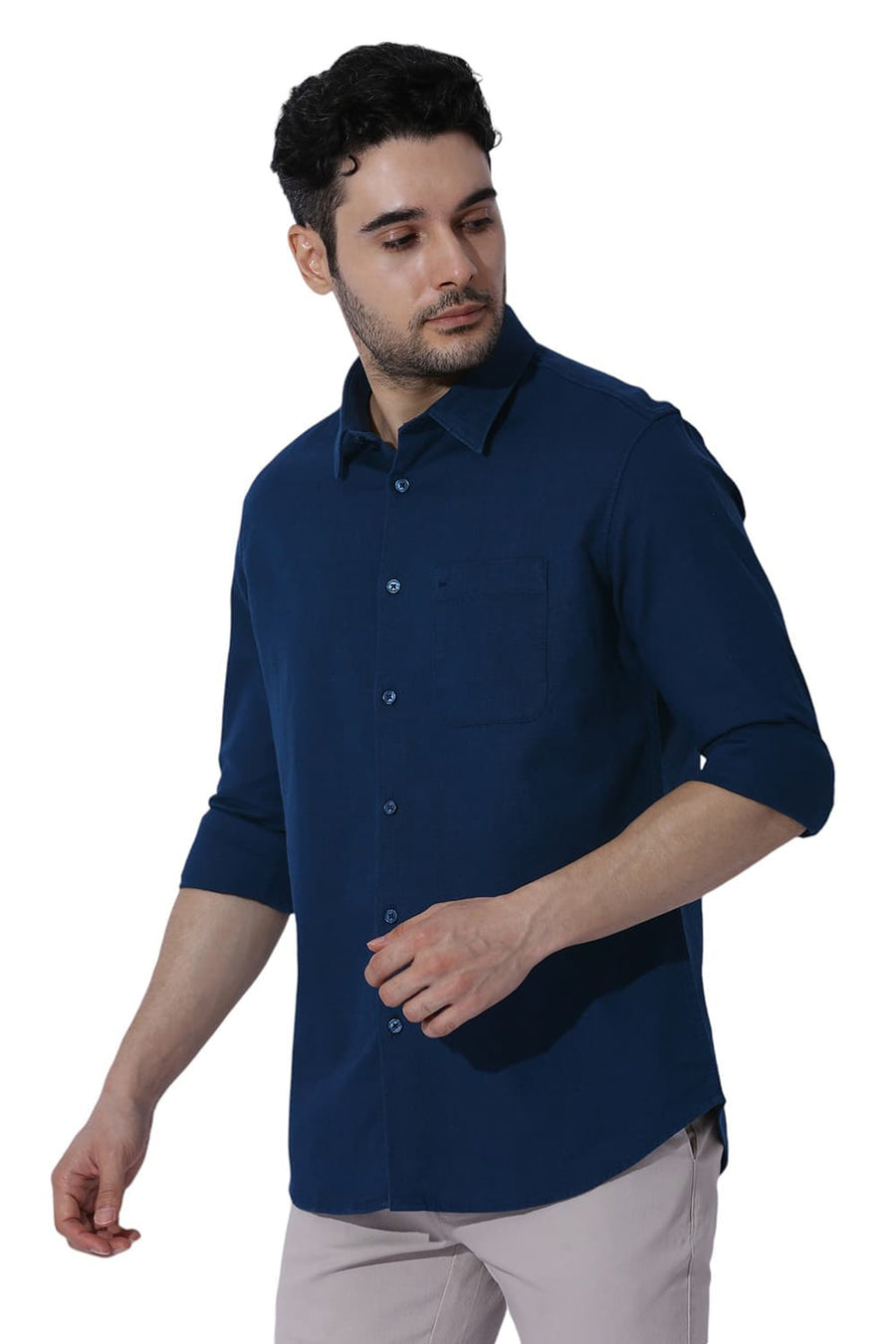BASICS RELAXED FIT MOONLIT NAVY COTTON HOPSACK SLUB DOBBY SHIRT
