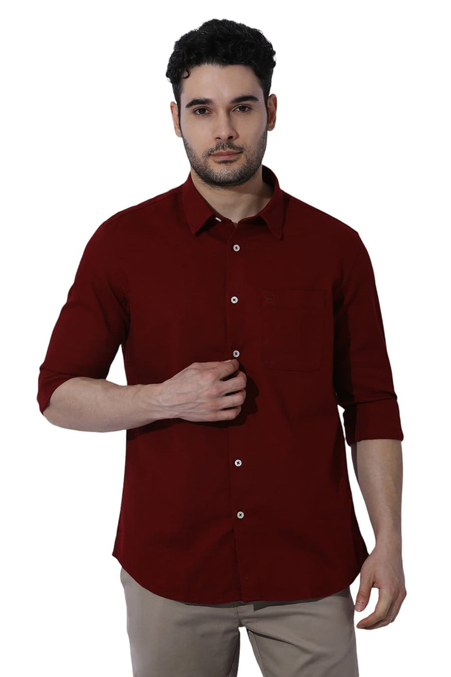 BASICS RELAXED FIT WINERY RED COTTON HOPSACK SLUB DOBBY SHIRT