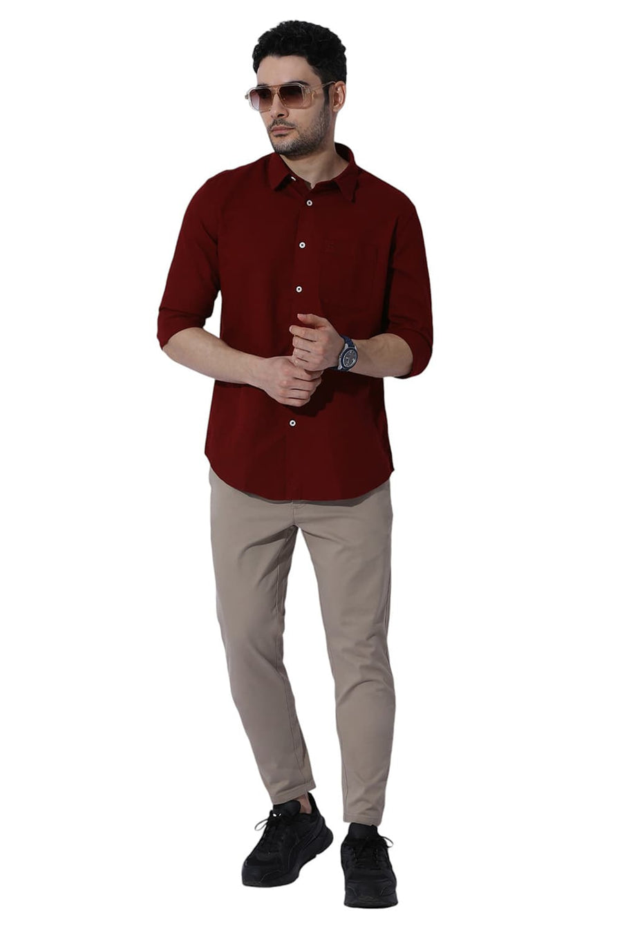 BASICS RELAXED FIT WINERY RED COTTON HOPSACK SLUB DOBBY SHIRT