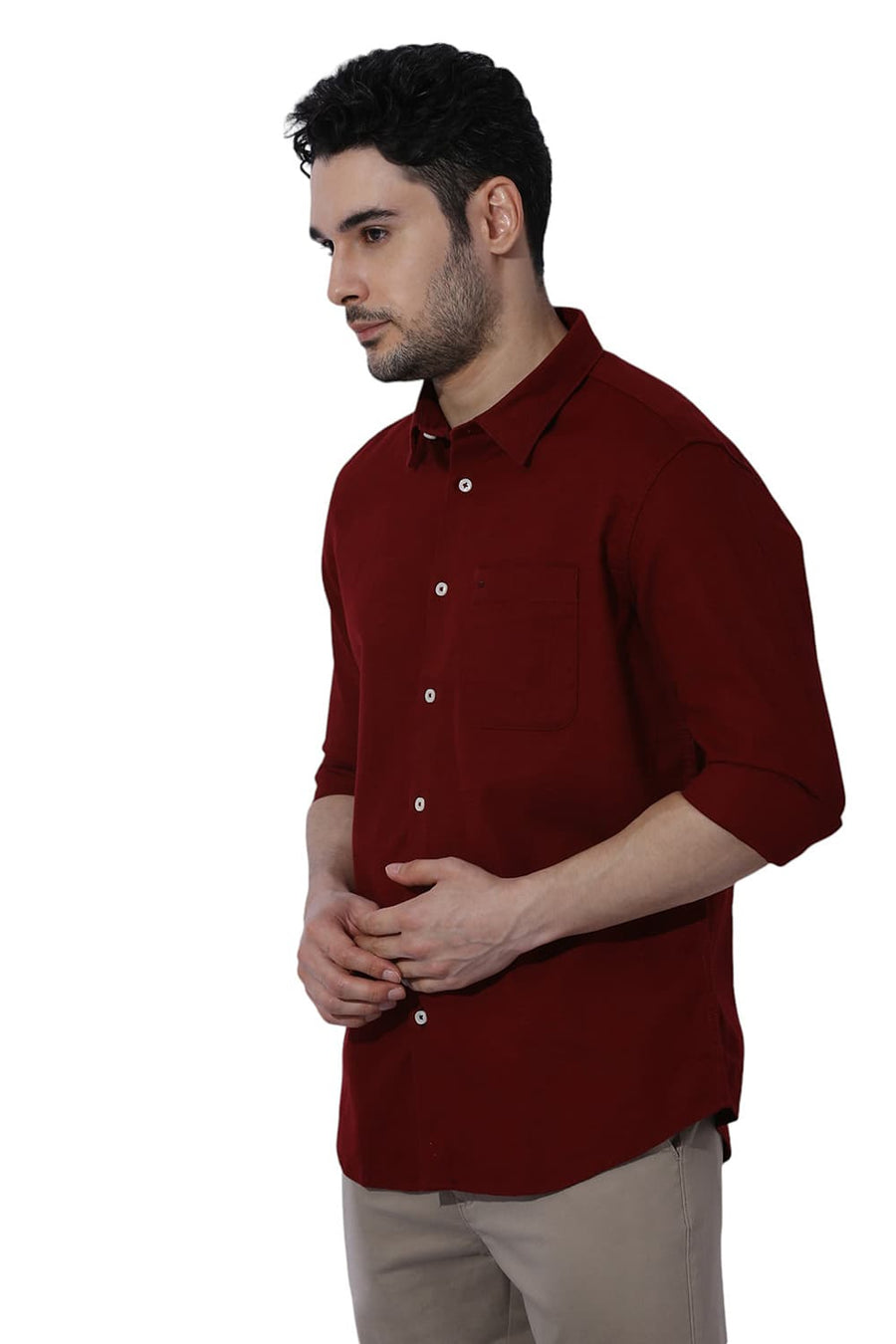 BASICS RELAXED FIT WINERY RED COTTON HOPSACK SLUB DOBBY SHIRT