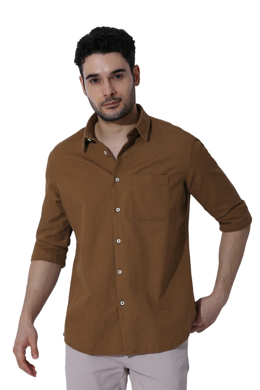 BASICS RELAXED FIT NUTHATCH KHAKI COTTON HOPSACK SLUB DOBBY SHIRT