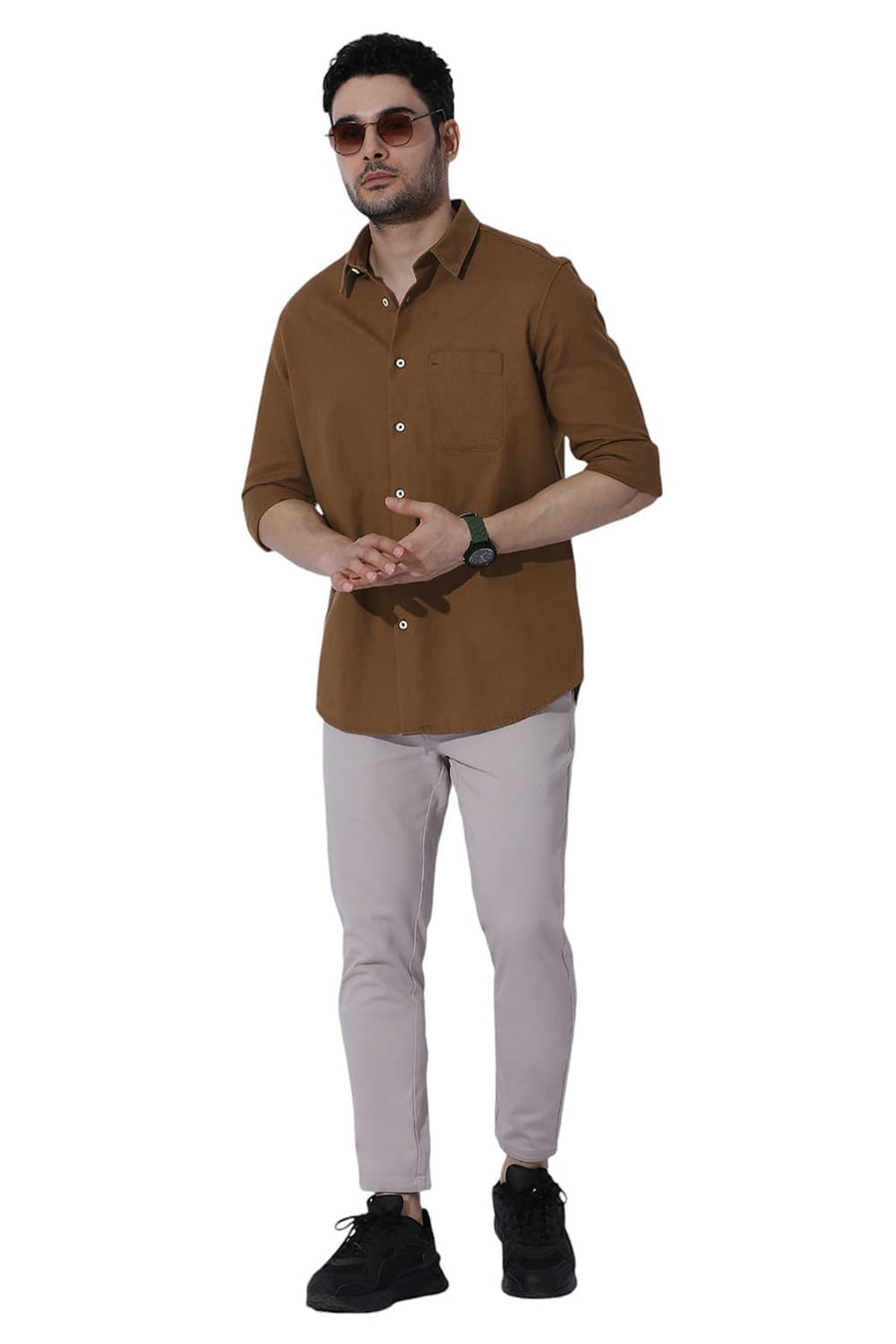 BASICS RELAXED FIT NUTHATCH KHAKI COTTON HOPSACK SLUB DOBBY SHIRT