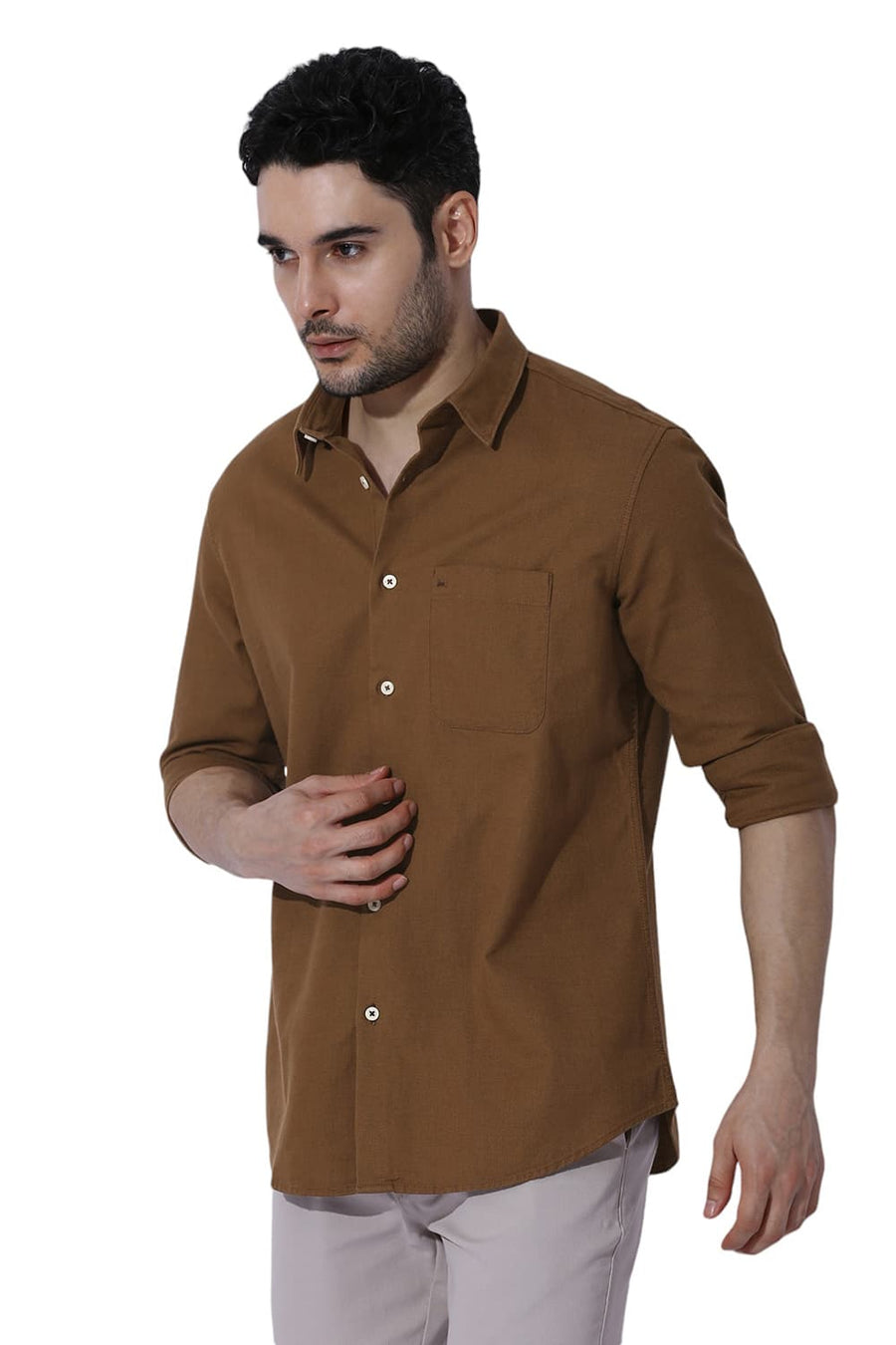 BASICS RELAXED FIT NUTHATCH KHAKI COTTON HOPSACK SLUB DOBBY SHIRT