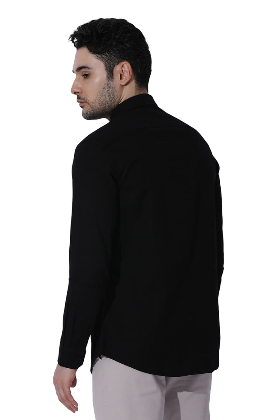 BASICS RELAXED FIT CAVIAR BLACK COTTON HOPSACK SLUB DOBBY SHIRT