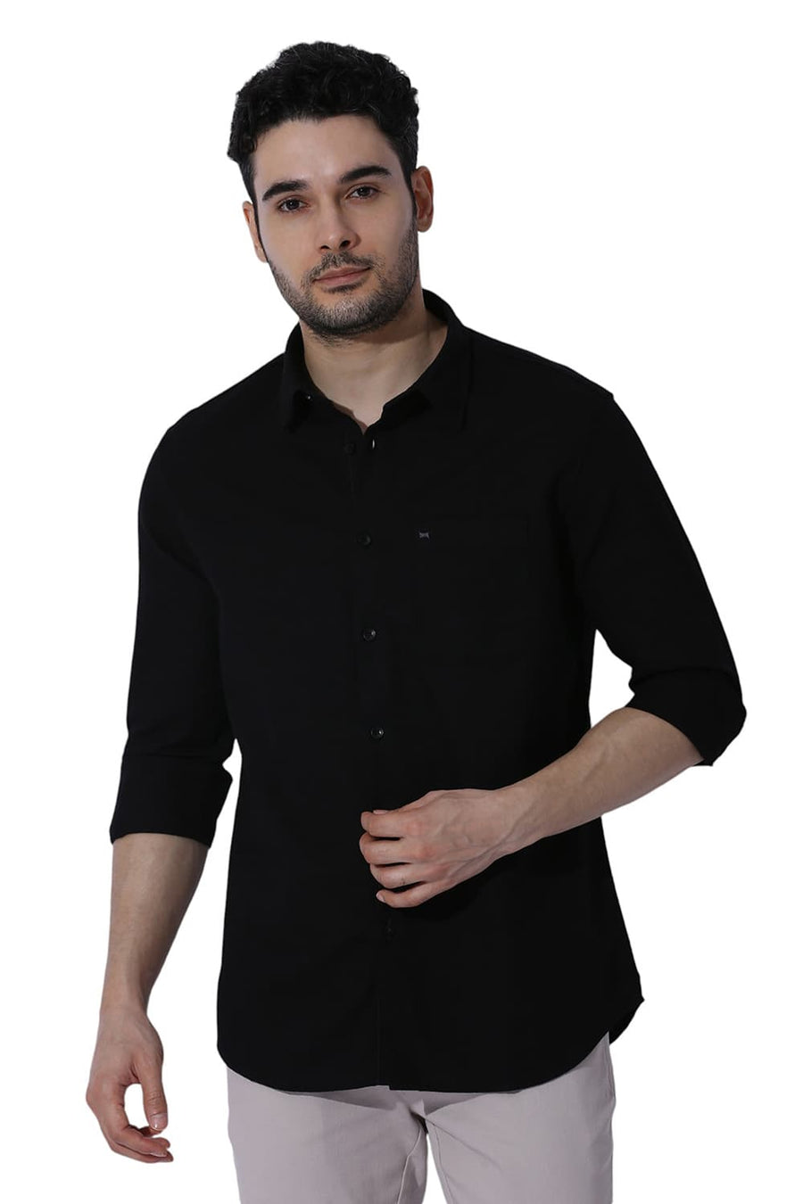 BASICS RELAXED FIT CAVIAR BLACK COTTON HOPSACK SLUB DOBBY SHIRT