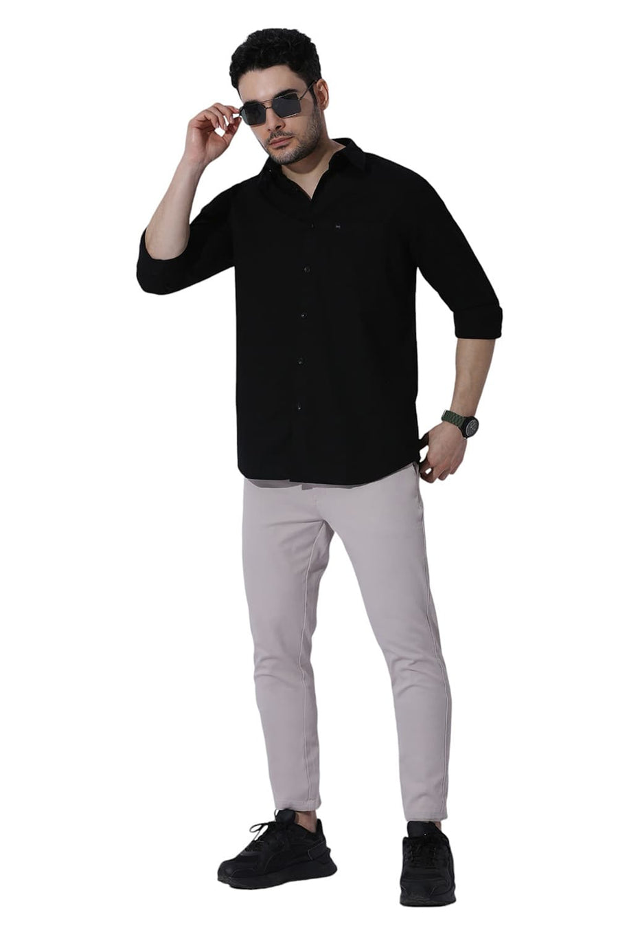 BASICS RELAXED FIT CAVIAR BLACK COTTON HOPSACK SLUB DOBBY SHIRT