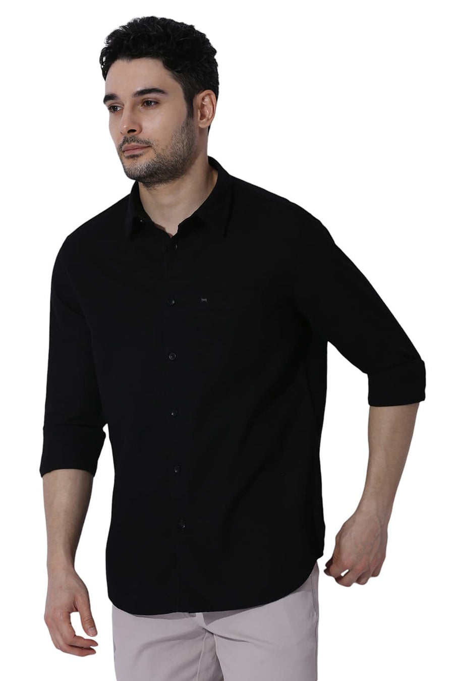 BASICS RELAXED FIT CAVIAR BLACK COTTON HOPSACK SLUB DOBBY SHIRT