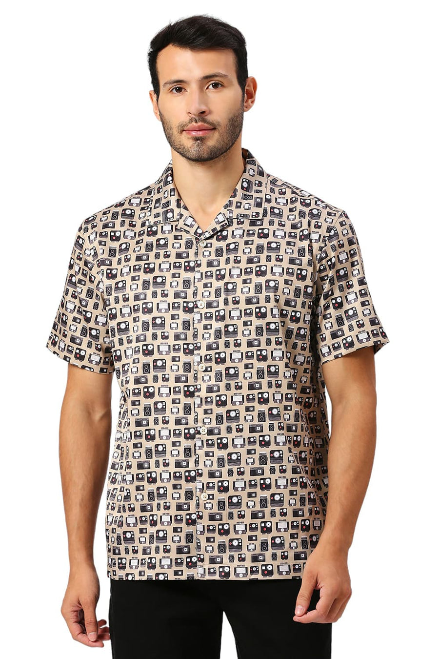 BASICS RELAXED FIT MOONSTONE KHAKI POLYESTER STRETCH TWILL PRINTED HALFSLEEVES SHIRT