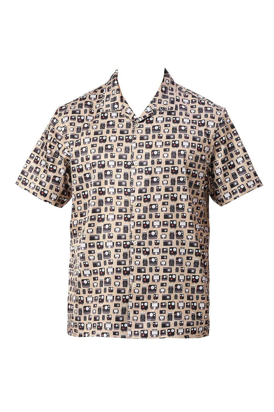 BASICS RELAXED FIT MOONSTONE KHAKI POLYESTER STRETCH TWILL PRINTED HALFSLEEVES SHIRT
