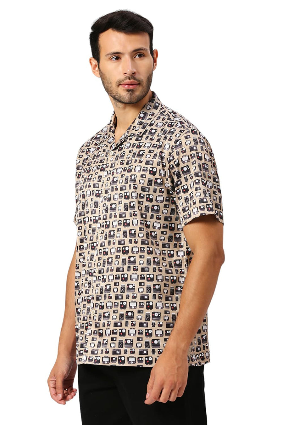 BASICS RELAXED FIT MOONSTONE KHAKI POLYESTER STRETCH TWILL PRINTED HALFSLEEVES SHIRT