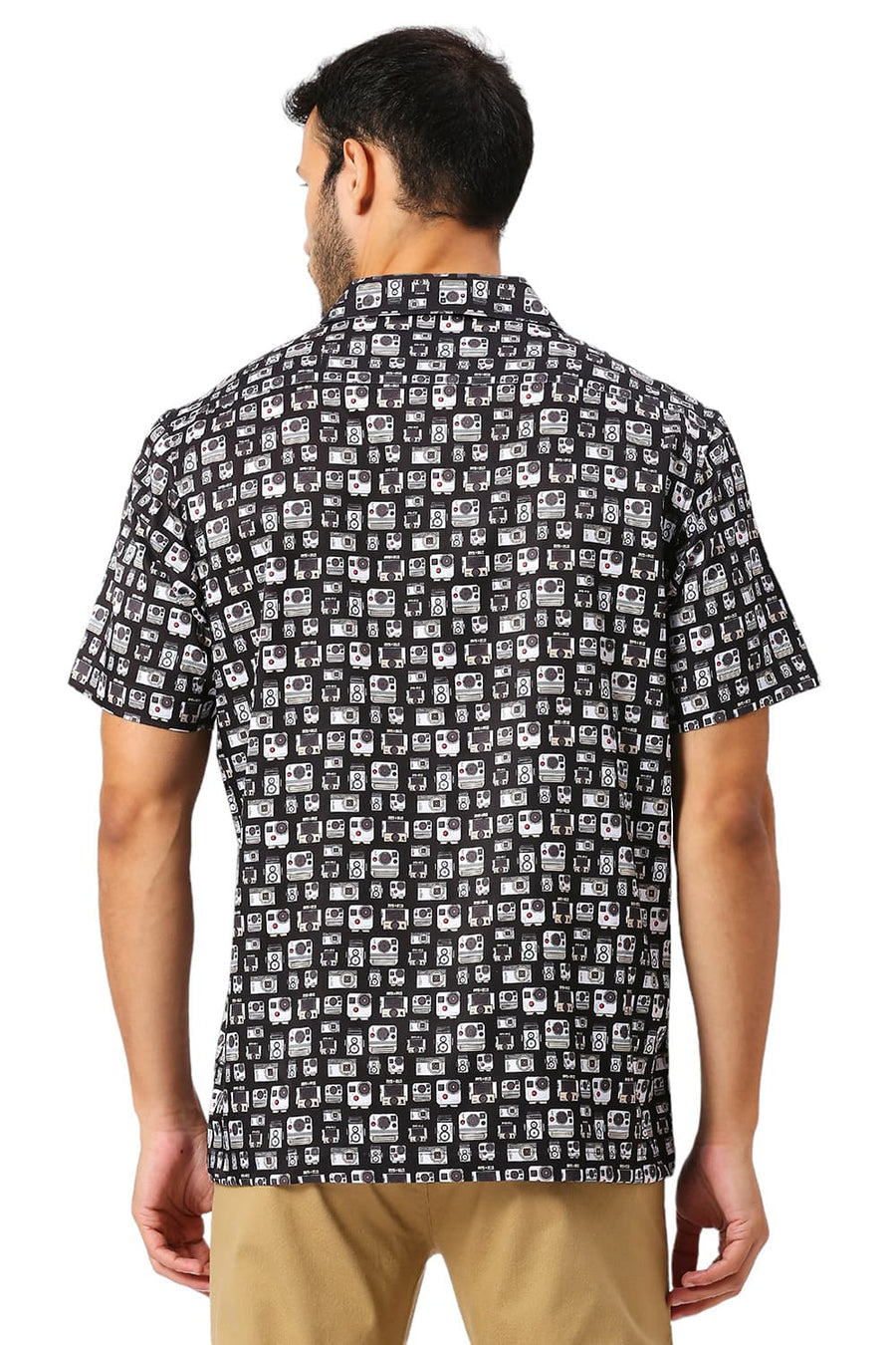 BASICS RELAXED FIT PHANTOM BLACK POLYESTER STRETCH TWILL PRINTED HALFSLEEVES SHIRT