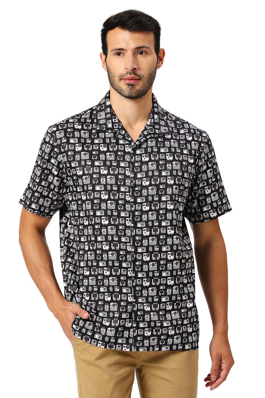 BASICS RELAXED FIT PHANTOM BLACK POLYESTER STRETCH TWILL PRINTED HALFSLEEVES SHIRT