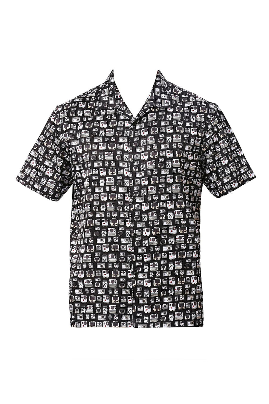BASICS RELAXED FIT PHANTOM BLACK POLYESTER STRETCH TWILL PRINTED HALFSLEEVES SHIRT