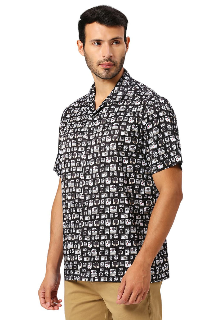 BASICS RELAXED FIT PHANTOM BLACK POLYESTER STRETCH TWILL PRINTED HALFSLEEVES SHIRT