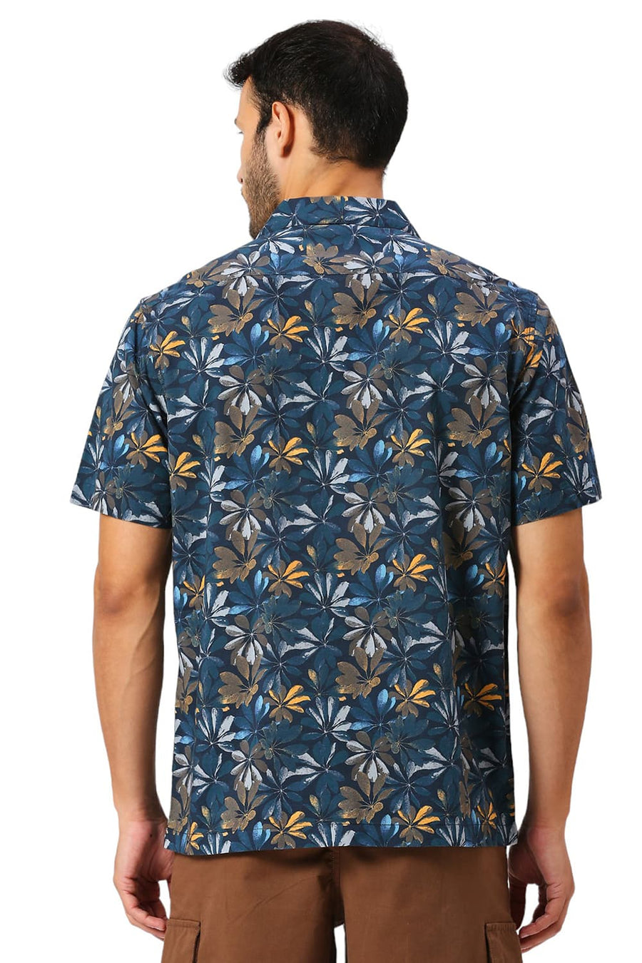 BASICS RELAXED FIT DRESS NAVY COTTON VISCOSE DIGITAL PRINTED HALFSLEEVES SHIRT