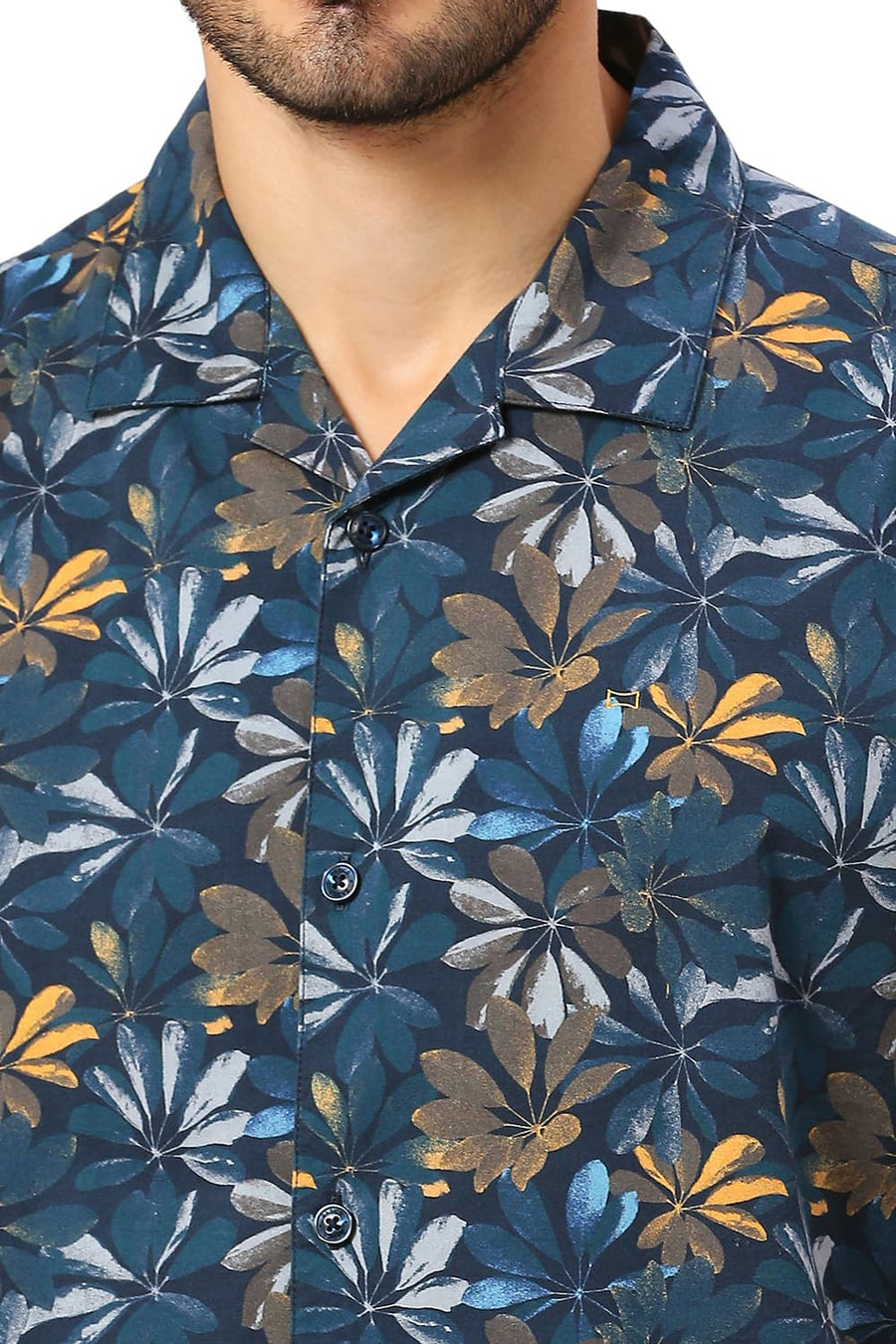 BASICS RELAXED FIT DRESS NAVY COTTON VISCOSE DIGITAL PRINTED HALFSLEEVES SHIRT