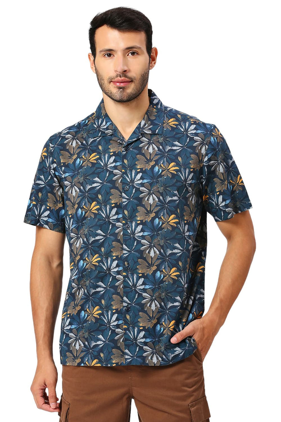 BASICS RELAXED FIT DRESS NAVY COTTON VISCOSE DIGITAL PRINTED HALFSLEEVES SHIRT