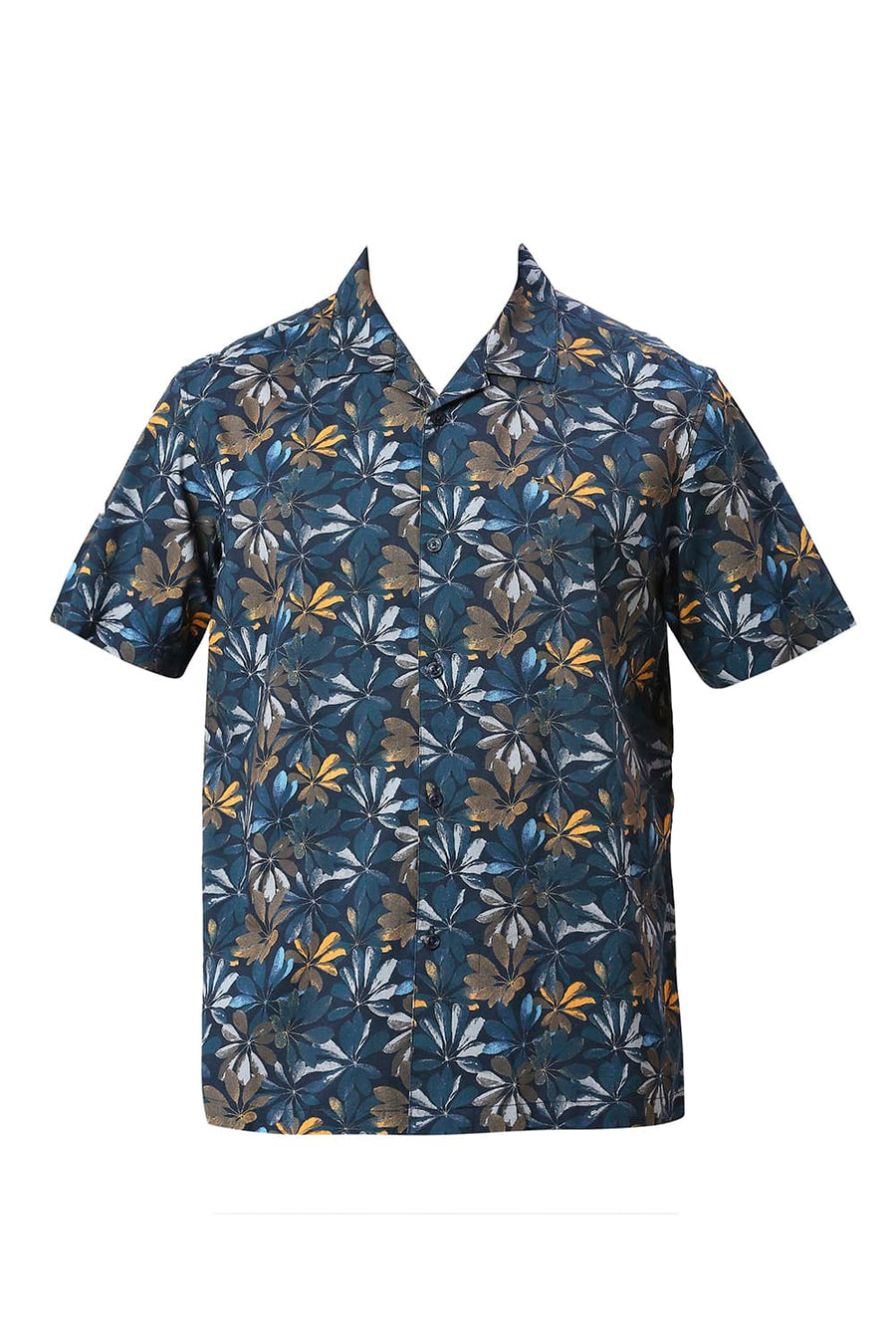 BASICS RELAXED FIT DRESS NAVY COTTON VISCOSE DIGITAL PRINTED HALFSLEEVES SHIRT