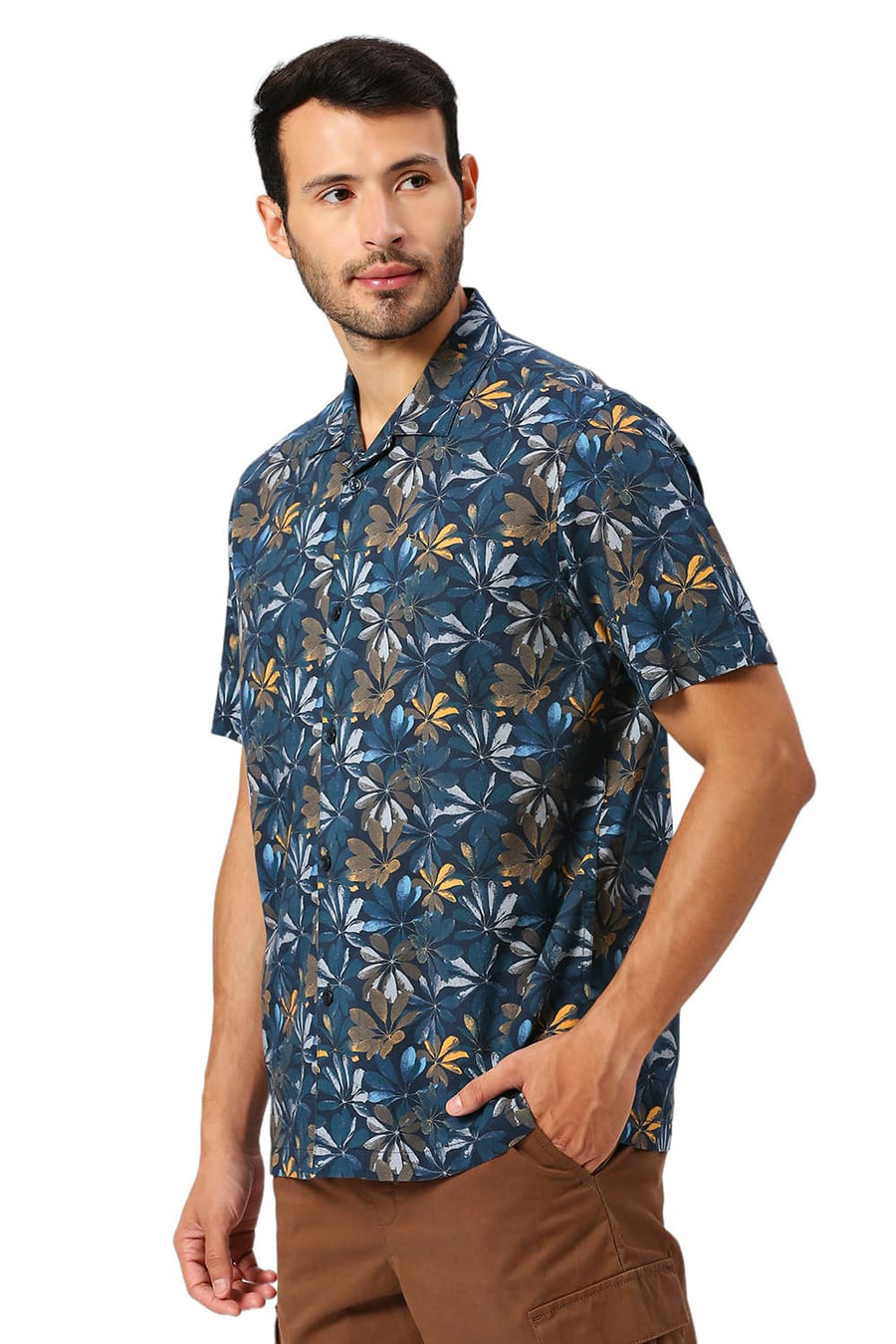 BASICS RELAXED FIT DRESS NAVY COTTON VISCOSE DIGITAL PRINTED HALFSLEEVES SHIRT