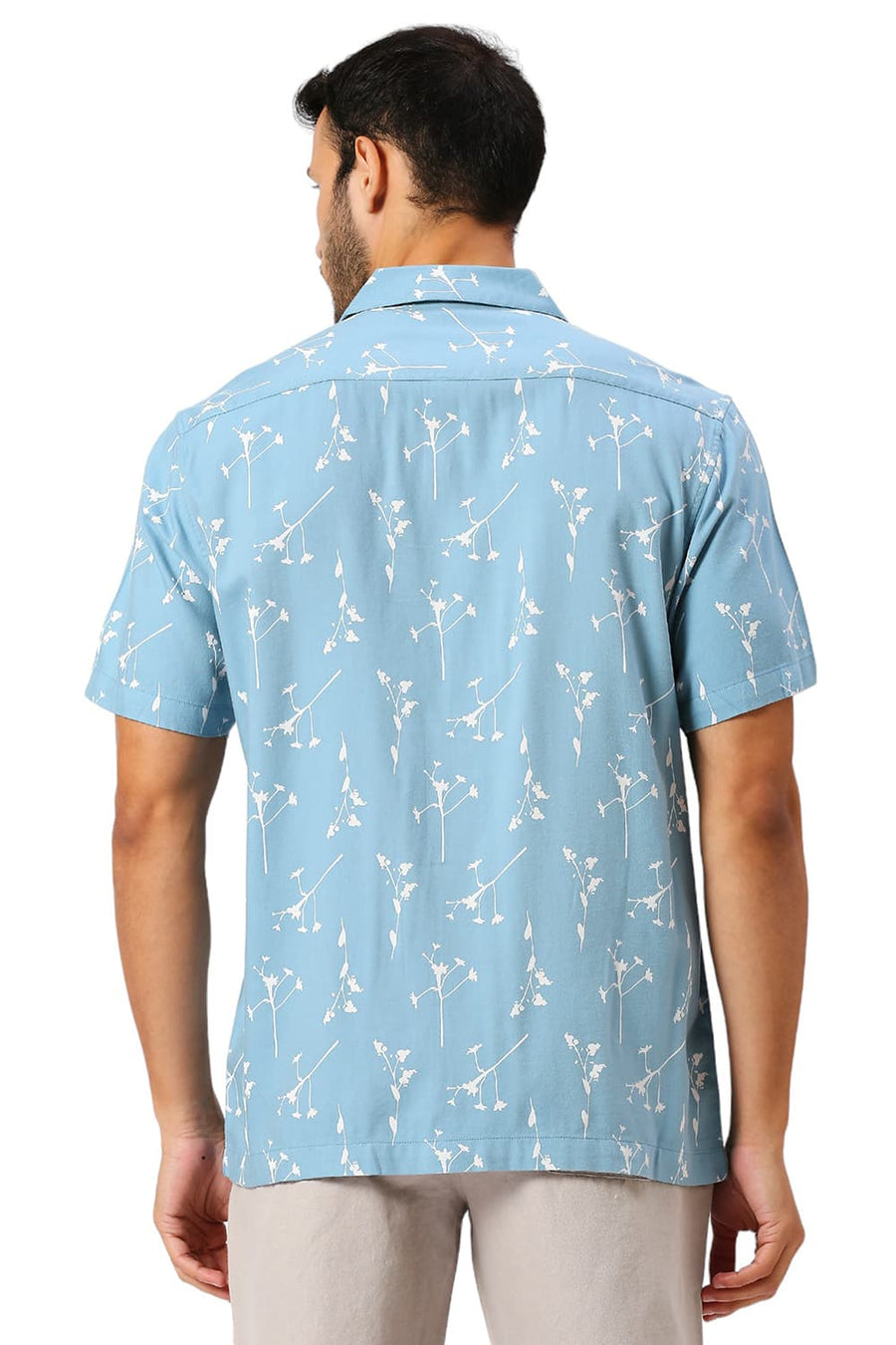 BASICS RELAXED FIT COASTAL BLUE COTTON VISCOSE TWILL PRINTED HALFSLEEVES SHIRT
