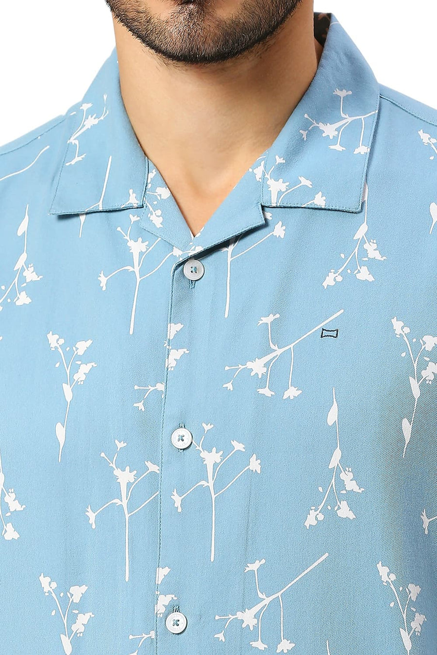 BASICS RELAXED FIT COASTAL BLUE COTTON VISCOSE TWILL PRINTED HALFSLEEVES SHIRT