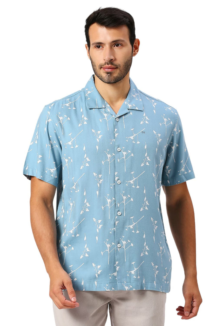 BASICS RELAXED FIT COASTAL BLUE COTTON VISCOSE TWILL PRINTED HALFSLEEVES SHIRT
