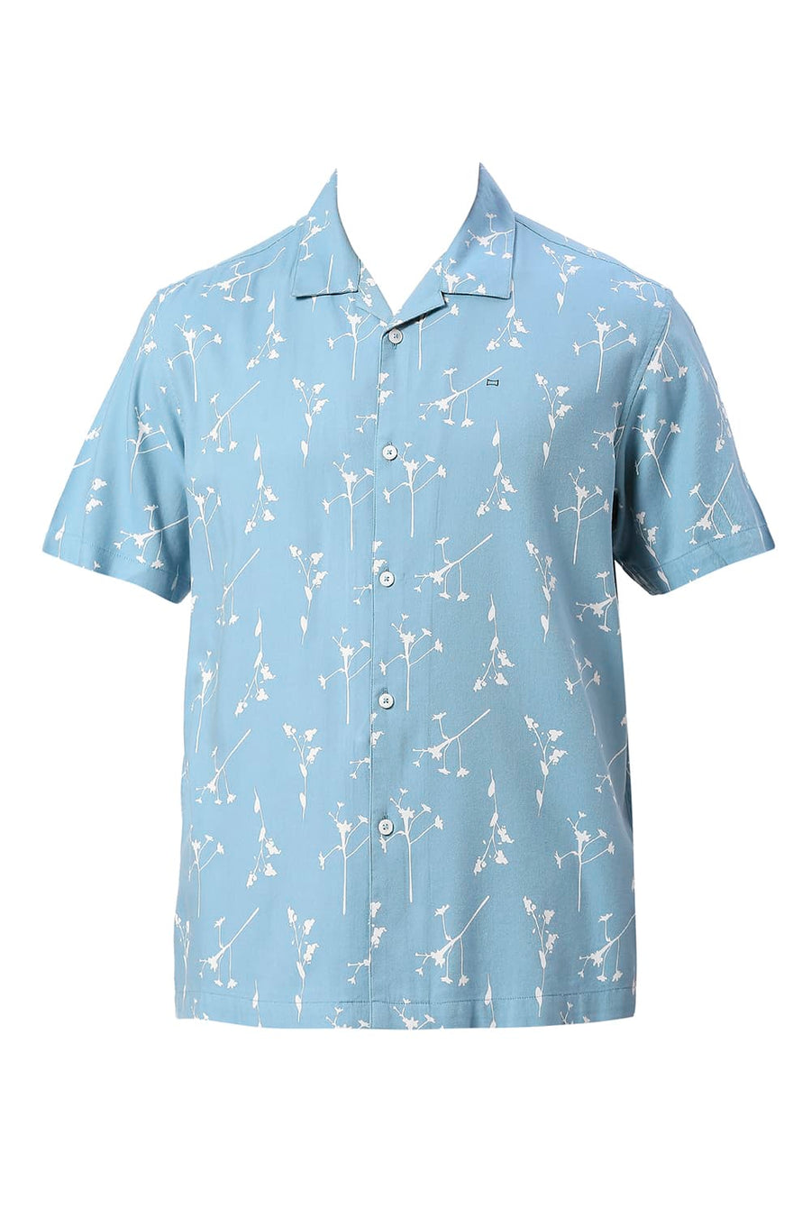 BASICS RELAXED FIT COASTAL BLUE COTTON VISCOSE TWILL PRINTED HALFSLEEVES SHIRT