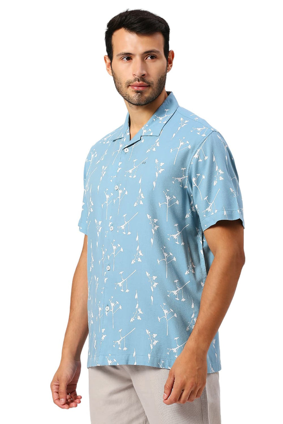 BASICS RELAXED FIT COASTAL BLUE COTTON VISCOSE TWILL PRINTED HALFSLEEVES SHIRT