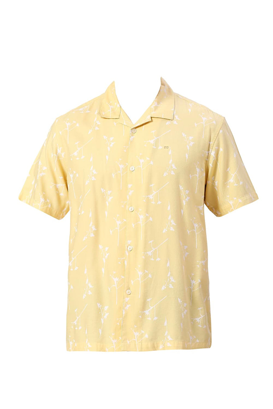 BASICS RELAXED FIT PASTEL YELLOW COTTON VISCOSE TWILL PRINTED HALFSLEEVES SHIRT