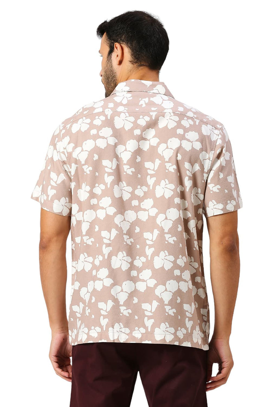 BASICS RELAXED FIT TUSCANY BROWN COTTON VISCOSE TWILL PRINTED HALFSLEEVES SHIRT