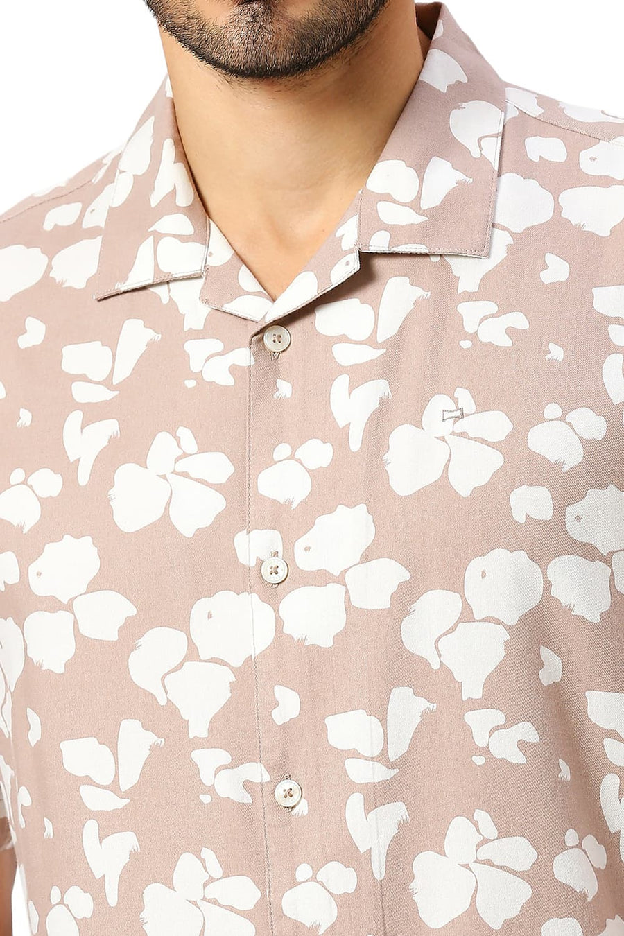 BASICS RELAXED FIT TUSCANY BROWN COTTON VISCOSE TWILL PRINTED HALFSLEEVES SHIRT