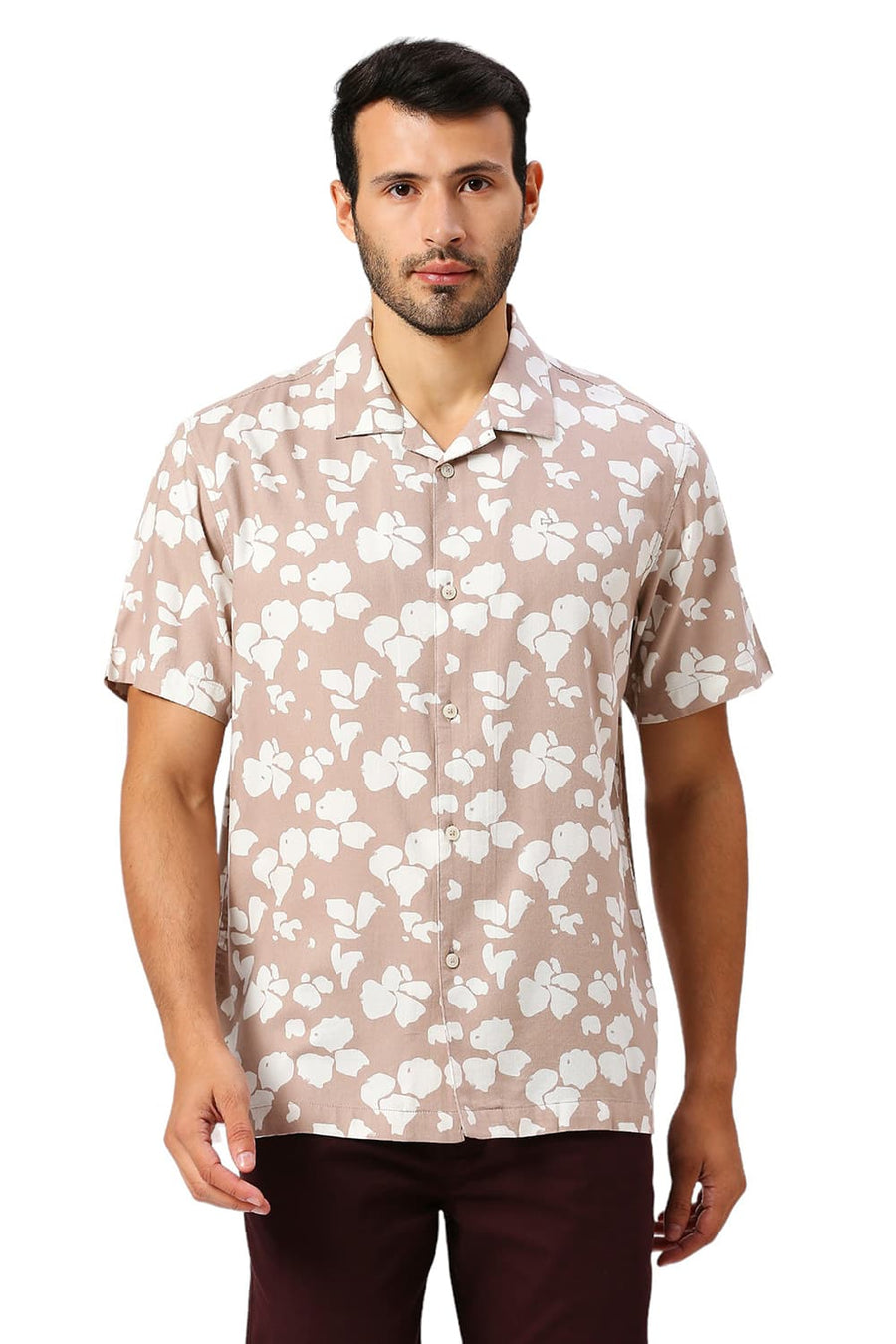 BASICS RELAXED FIT TUSCANY BROWN COTTON VISCOSE TWILL PRINTED HALFSLEEVES SHIRT