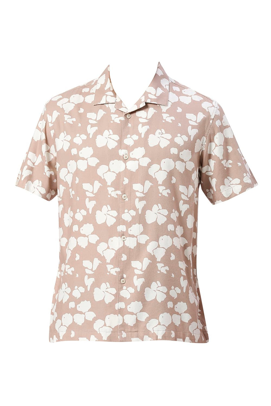 BASICS RELAXED FIT TUSCANY BROWN COTTON VISCOSE TWILL PRINTED HALFSLEEVES SHIRT