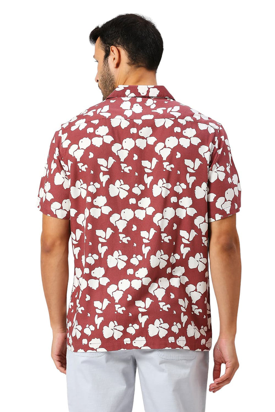BASICS RELAXED FIT SPICED MAROON COTTON VISCOSE TWILL PRINTED HALFSLEEVES SHIRT