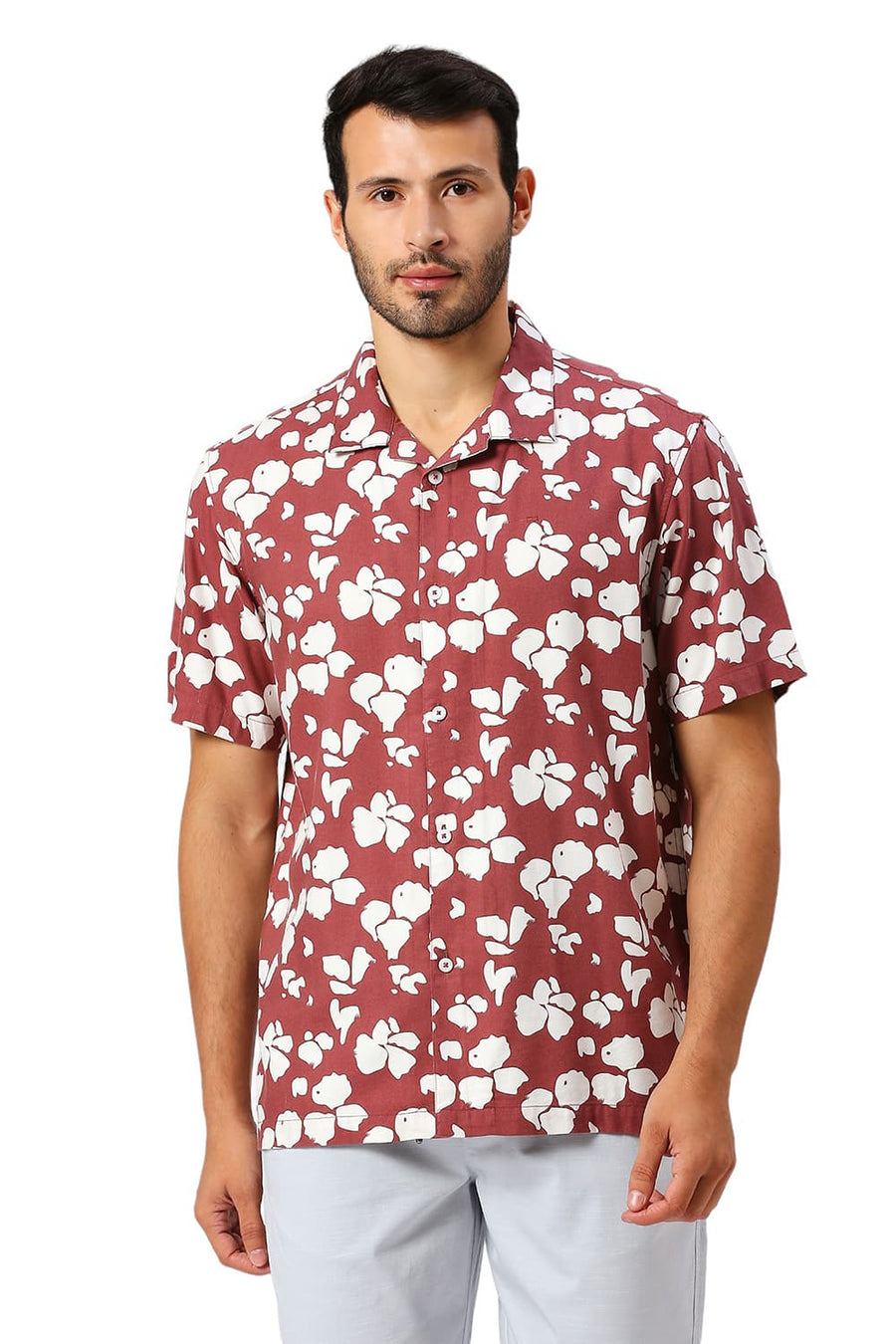 BASICS RELAXED FIT SPICED MAROON COTTON VISCOSE TWILL PRINTED HALFSLEEVES SHIRT
