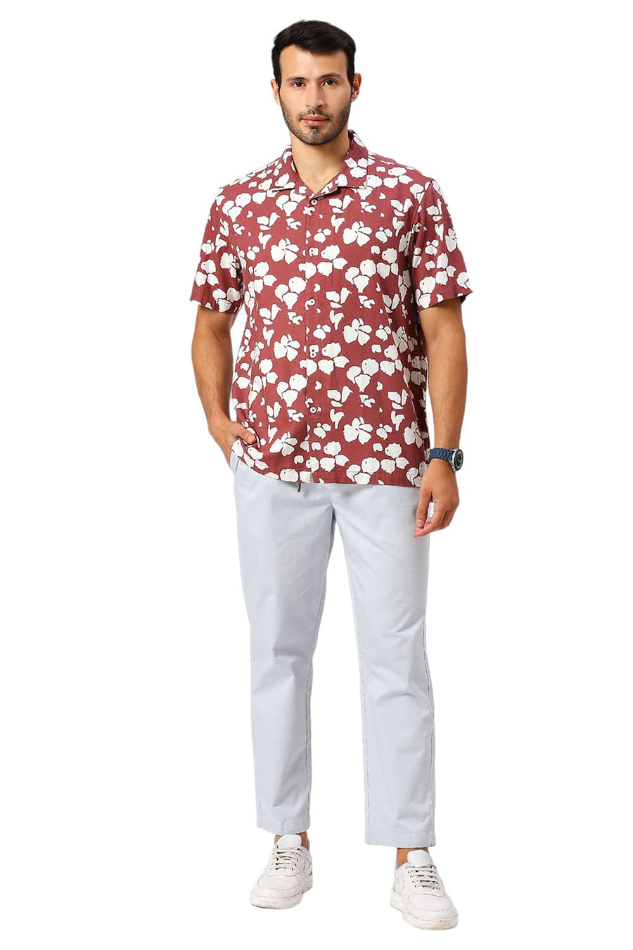 BASICS RELAXED FIT SPICED MAROON COTTON VISCOSE TWILL PRINTED HALFSLEEVES SHIRT