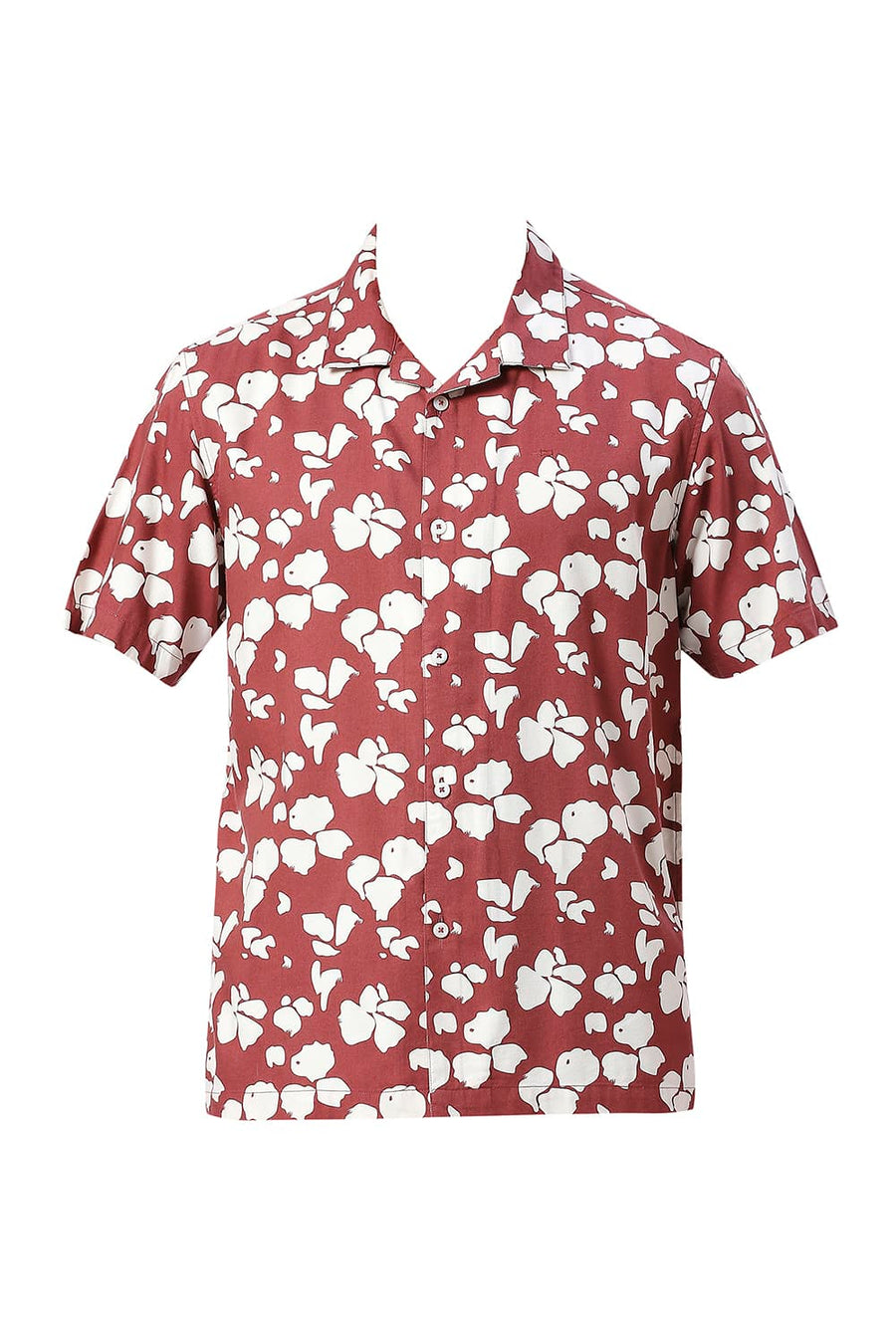 BASICS RELAXED FIT SPICED MAROON COTTON VISCOSE TWILL PRINTED HALFSLEEVES SHIRT